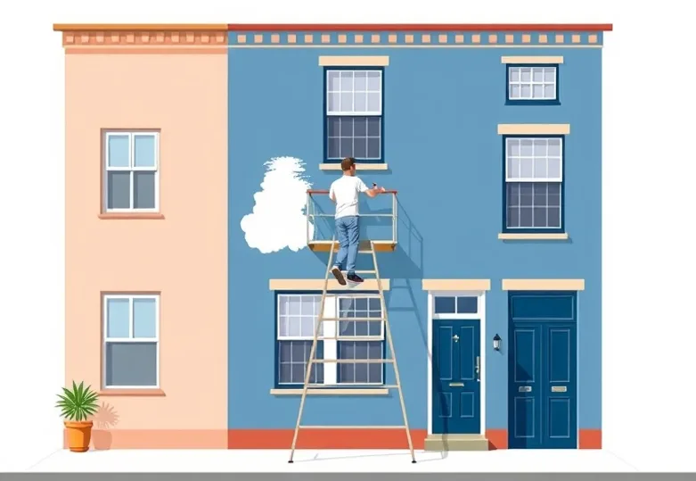 Peintre sur échafaudage traitant la façade d'une maison