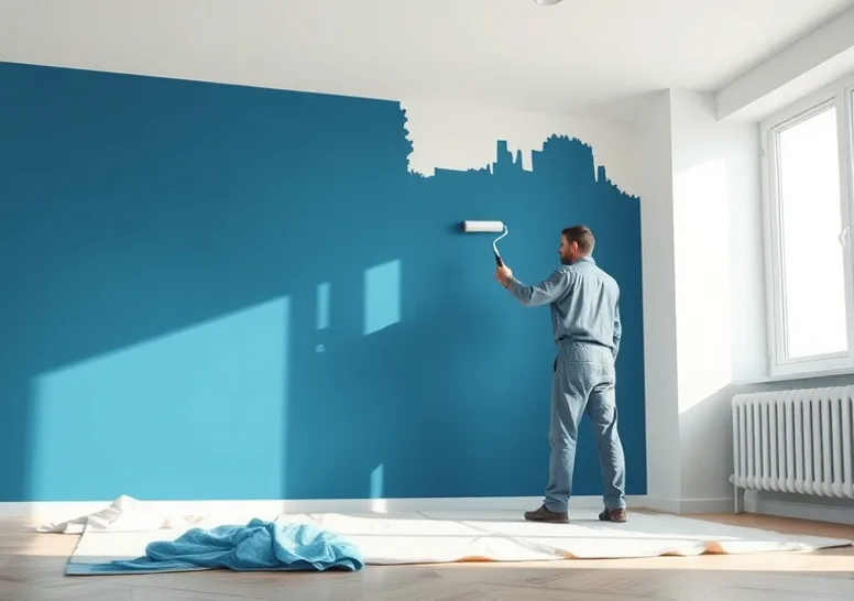 Peintre appliquant la peinture au rouleau sur un mur de salon